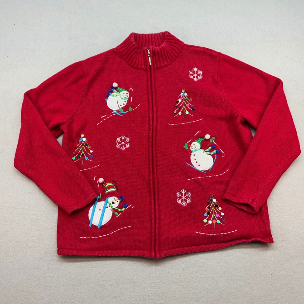 Classic Elements Red Skiing Snowman Christmas Tree Zip Cardigan Sweater 16-18W